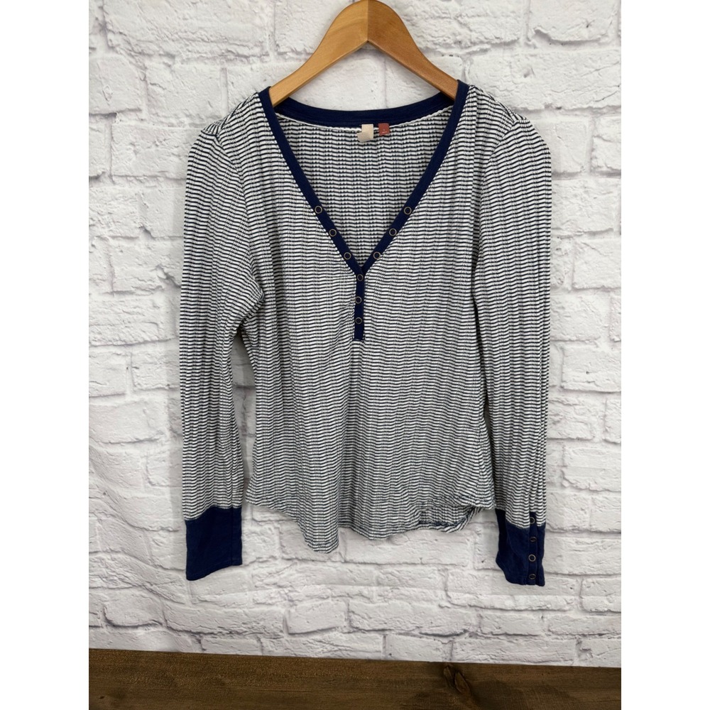 Pilcro Anthropologie Knit Striped Henley Top Navy Cream Size Large Classic